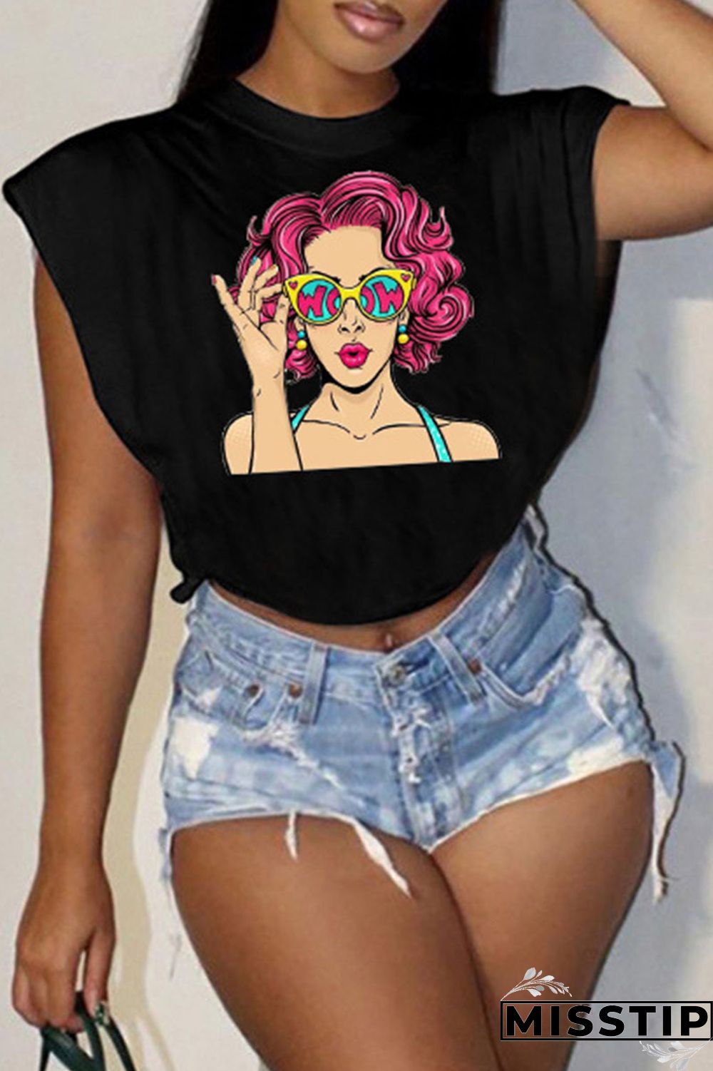 Black Fashion Casual Print Patchwork O Neck T-Shirts