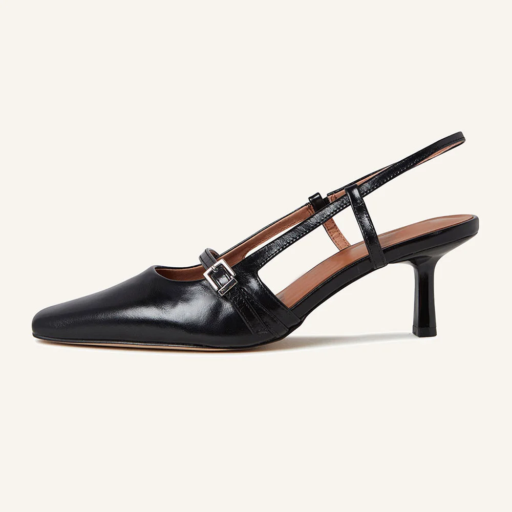 YDN Black Square Toe Buckle Strap Kitten Heel Slingback Pumps