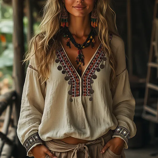 Women's Casual Vintage Embroidered Long Sleeve Top