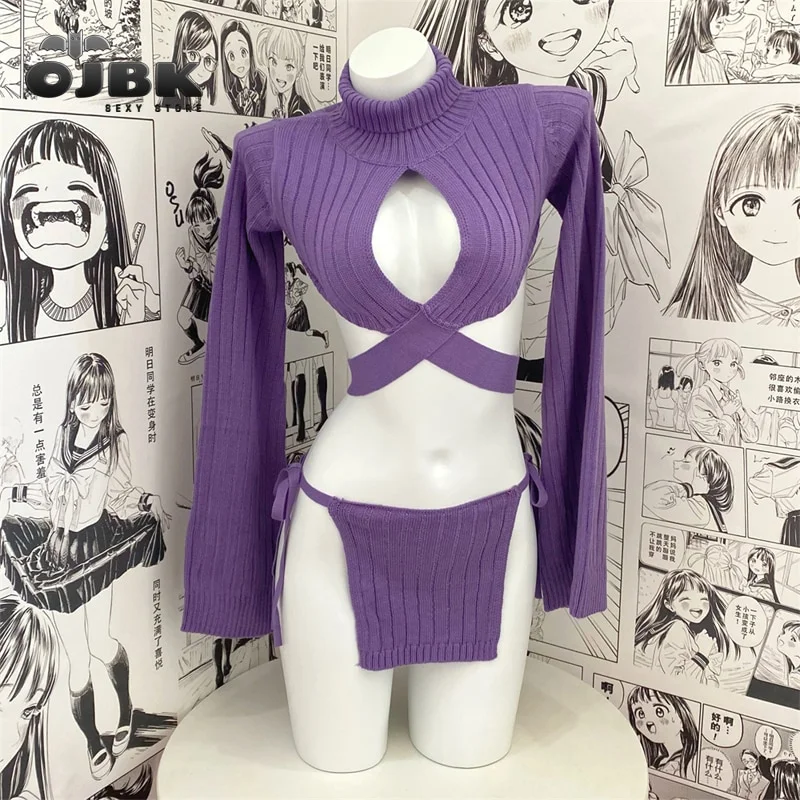 Uaang Kawaii Anime Sweater Cosplay Costumes Japanese Turtleneck Cropped Sweaters Sleepwear Tops Sexy Lingerie Open Chest Outfits