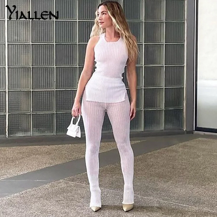 Yiallen Solid Knitted Two Piece Set Women See Through Skinny Casual Top+Pant Matching Outfits Active Streetwear Clothing Hot