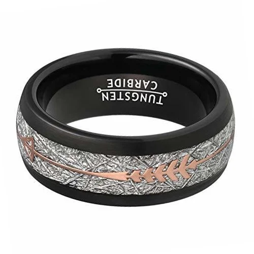 6MM 8MM Women's Or Men's Tungsten Carbide Wedding Matching Rings Black Tone with Rose Gold Cupid's Arrow over Inspired Meteorite Inlay Domed Top