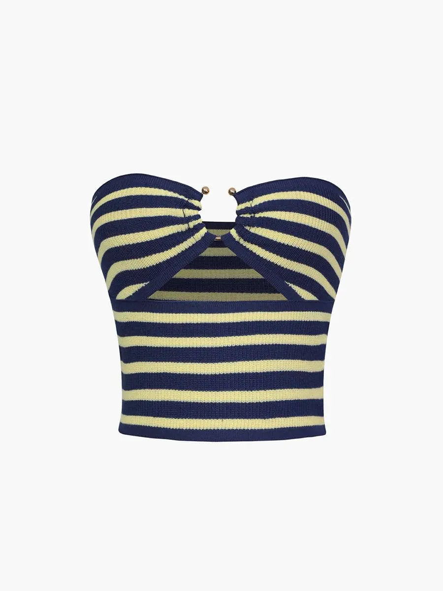 Off Shoulder Striped Button Hollow Out Tube Top