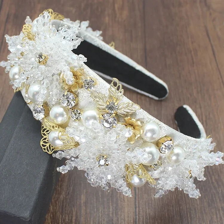 Handmade White Yellow Luxury Baroque Tiara Headbands Women Big Flower Crystal Rhinestone Hairband Palace Crown Bohemia Headwear