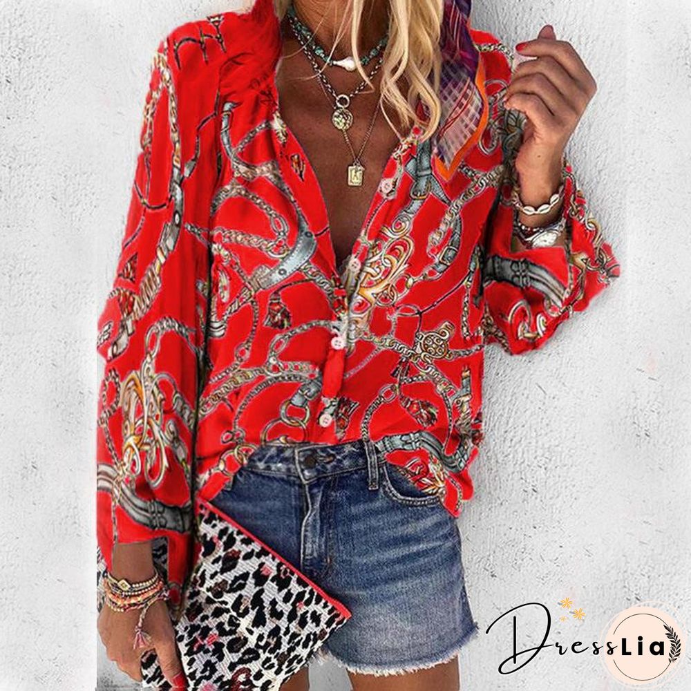 Long Sleeve Printed Casual Blouse