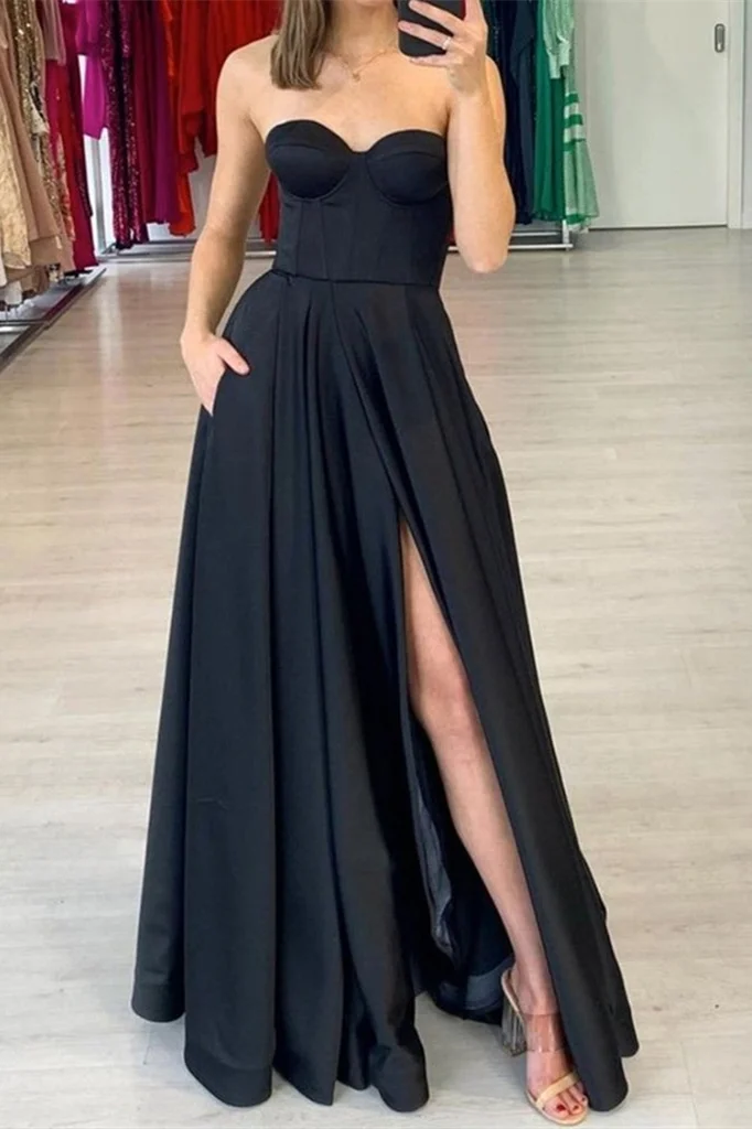 Daisda Sweetheart Prom Dress Black Split With Pockets