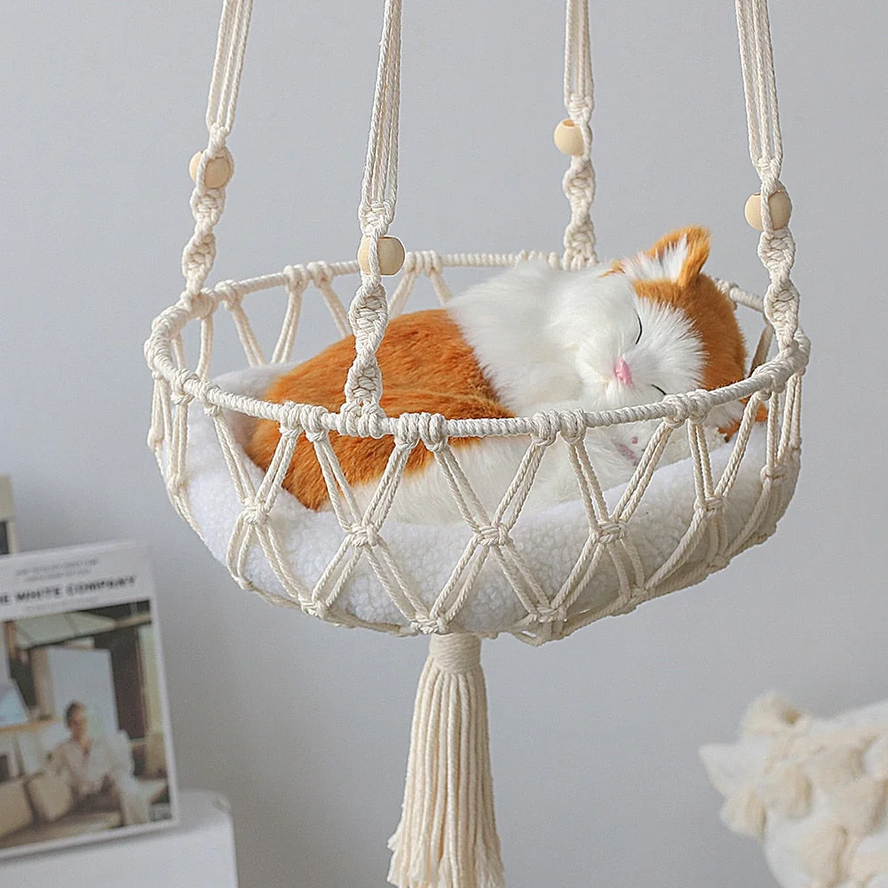 Large Macrame Cat Hammock,Macrame Hanging Swing Cat Dog Bed Basket Home Pet Cat Accessories Dog Cat's House Puppy Bed Gift