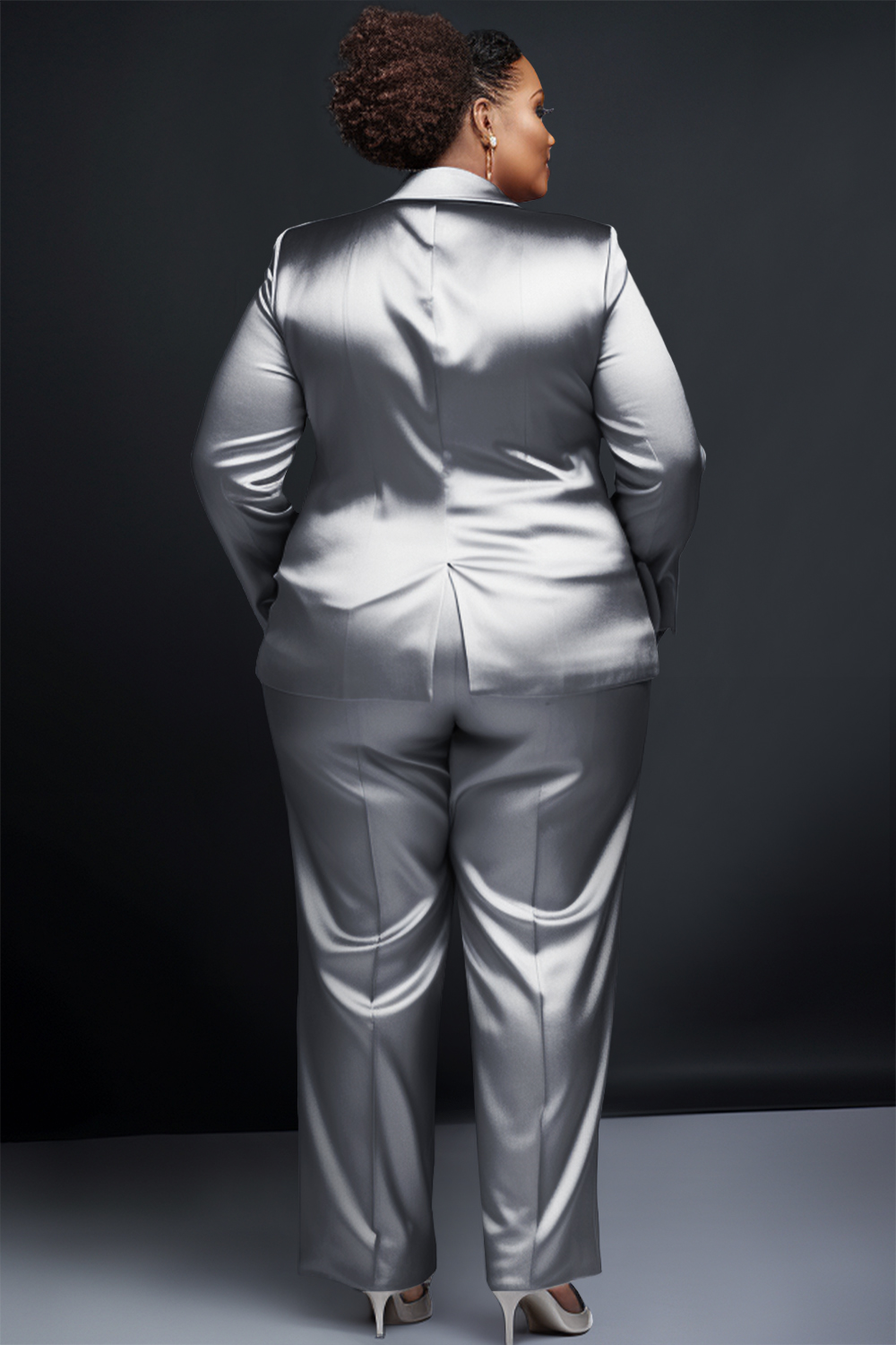 Design Plus Size Semi Formal Pant Sets Elegant Silver Turndown Collar Long Sleeve Satin Blazer Suit Two Piece Pant Sets With Pocket [Pre-Order]