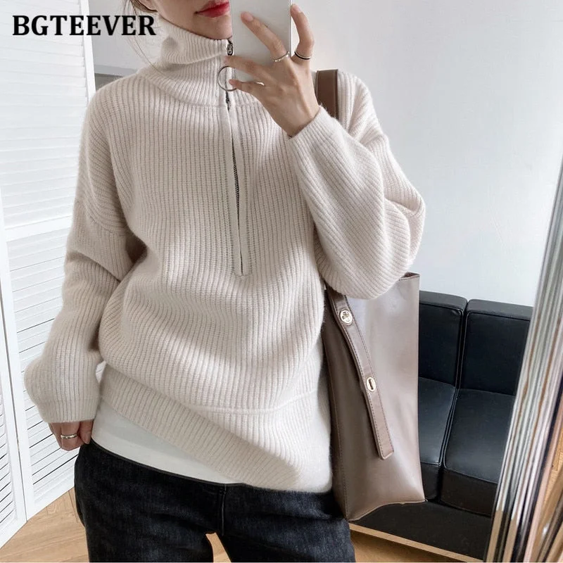 BGTEEVER Autumn Winter Zipper Turtleneck Sweaters Women Casual Thick Long Pullover Jumpers Female Loose Knitting Tops 2021