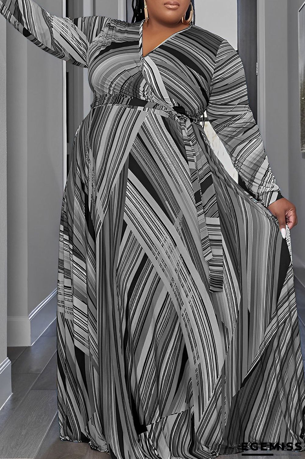 Black Casual Print Bandage Patchwork V Neck Straight Plus Size Dresses | EGEMISS