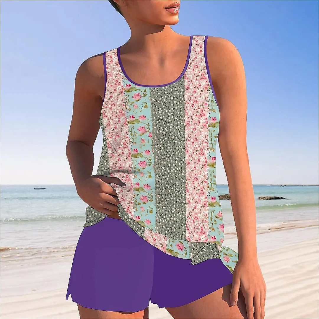 Bowknot Floral,Pink,Green,Stitch Mid Waisted Tankini Set - Plus Size Available