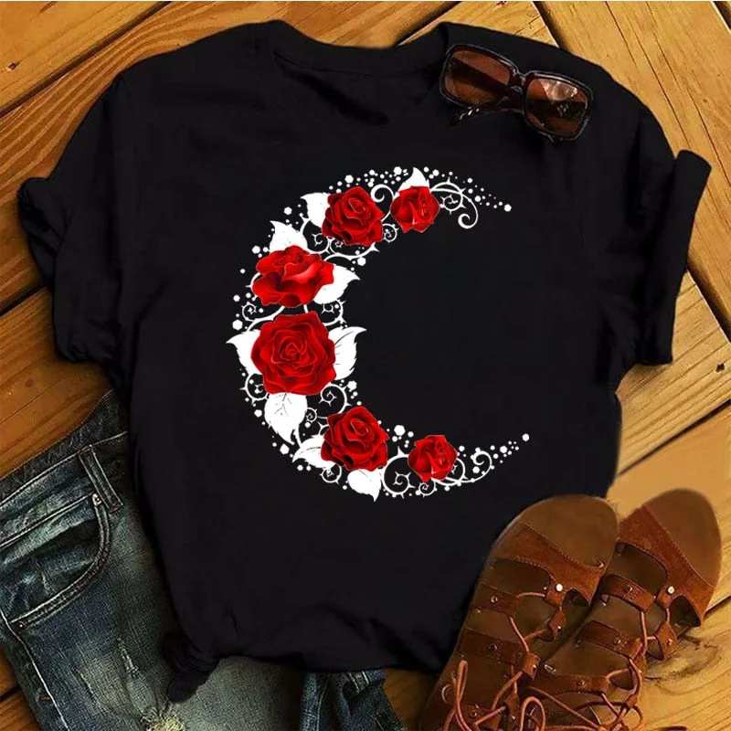 New Fashion Women Black T Shirt Red Rose Musical Note Printed T Shirt Harajuku Cute Graphic Tee Shirt Female Ladies Casual Tops