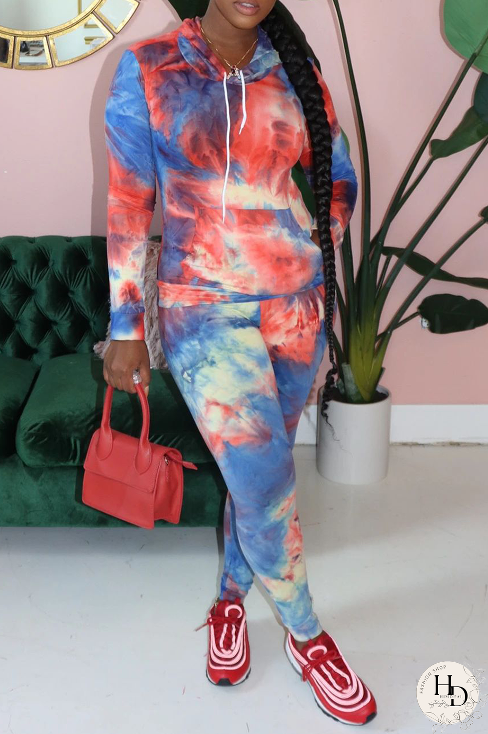 Yellow Casual Patchwork Tie-dye Hooded Collar Long Sleeve Two Pieces