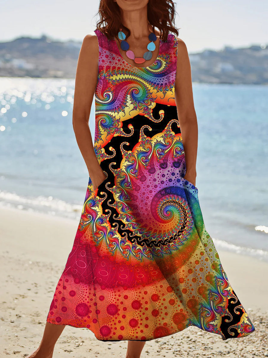 Women's Vintage Hippie Style Art Pattern Round Neck Dress