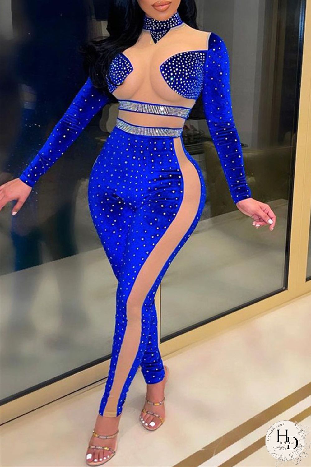 Blue Fashion Sexy Patchwork Hot Drilling Split Joint Turtleneck Skinny Jumpsuits