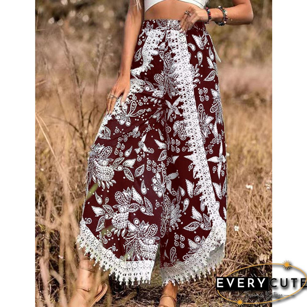 Burgundy Floral Print Spliced Casual Pants