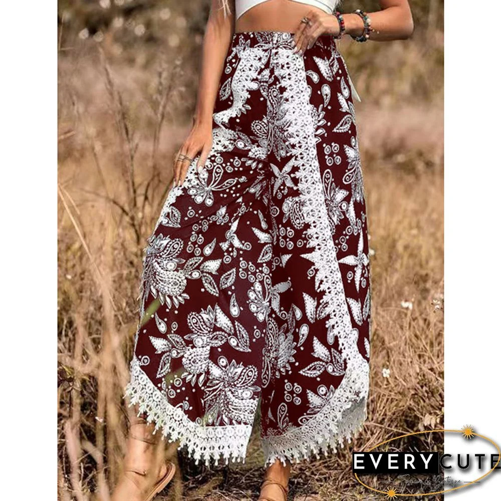 Burgundy Floral Print Spliced Casual Pants