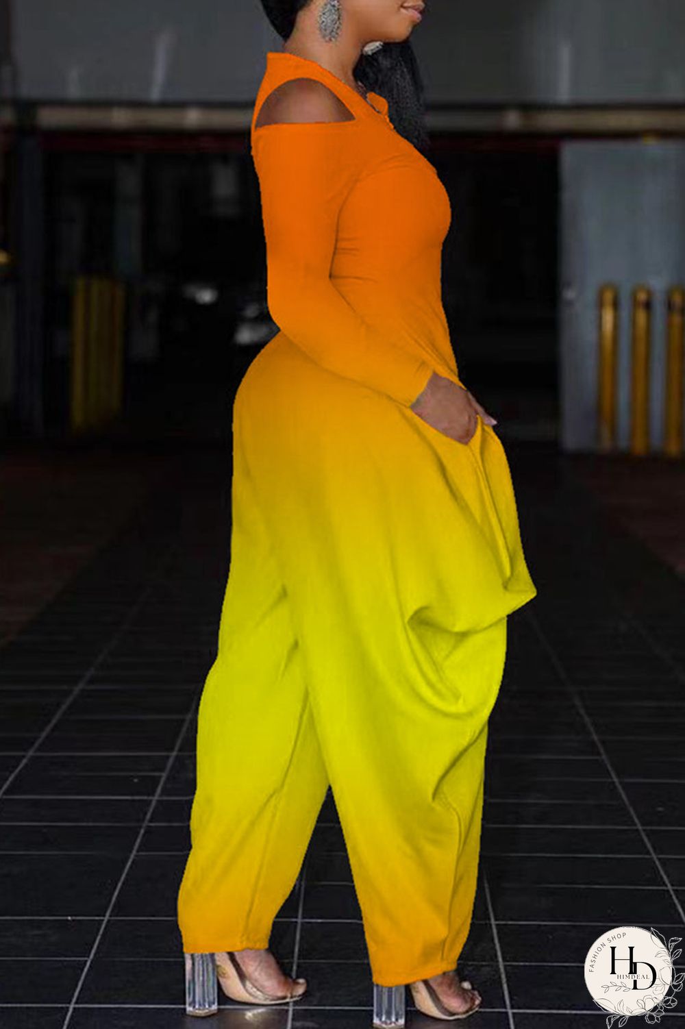 Blue Fashion Casual Gradual Change Print Hollowed Out V Neck Regular Jumpsuits