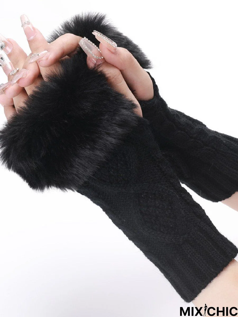 Casual Wool Knitted Twist Pattern Patch Plush Half Finger Gloves