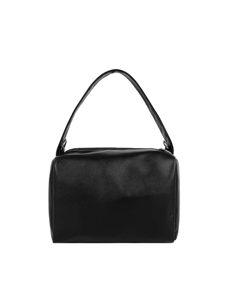 Women PU Leather Solid Color Top-handle Handbag Chain Shoulder Bag (Black)