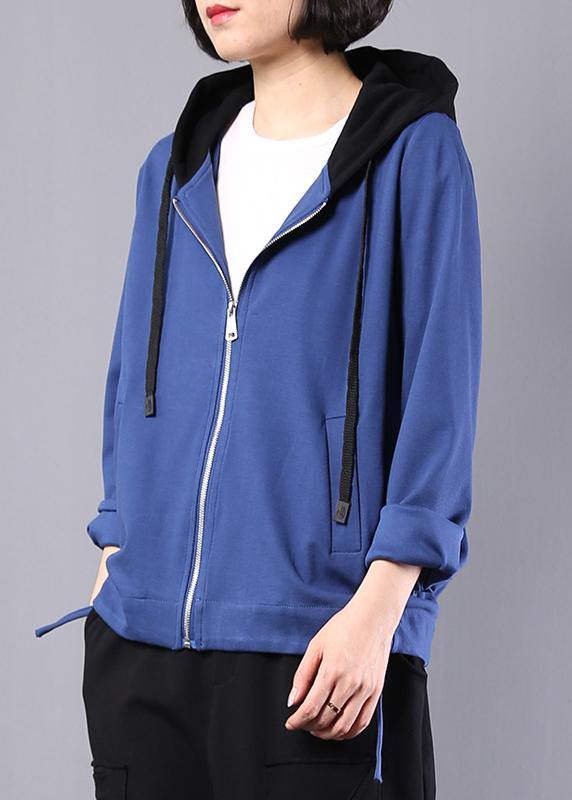 VCSHOES Loose blue cotton linen tops women hooded oversized autumn short coat