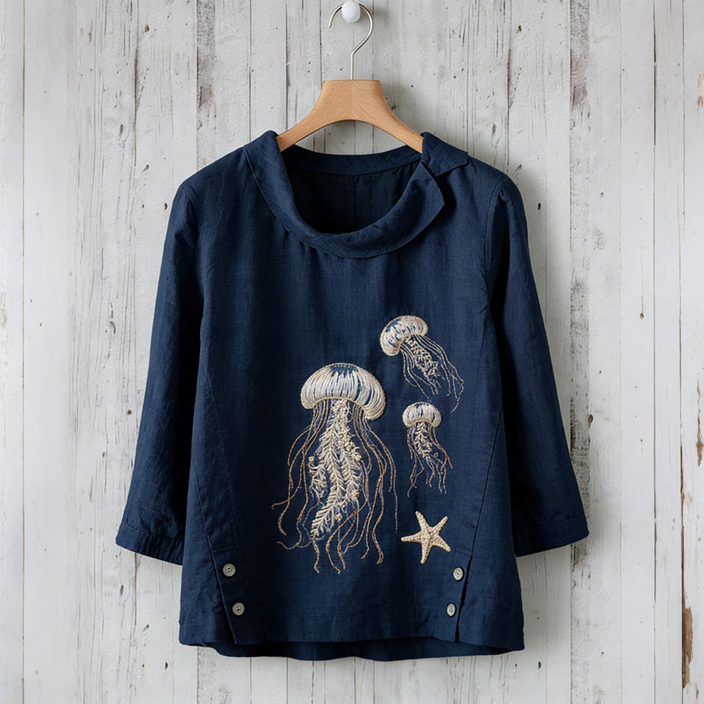 Vintage Jellyfish Art Pattern Cozy Linen Tunic wearshes
