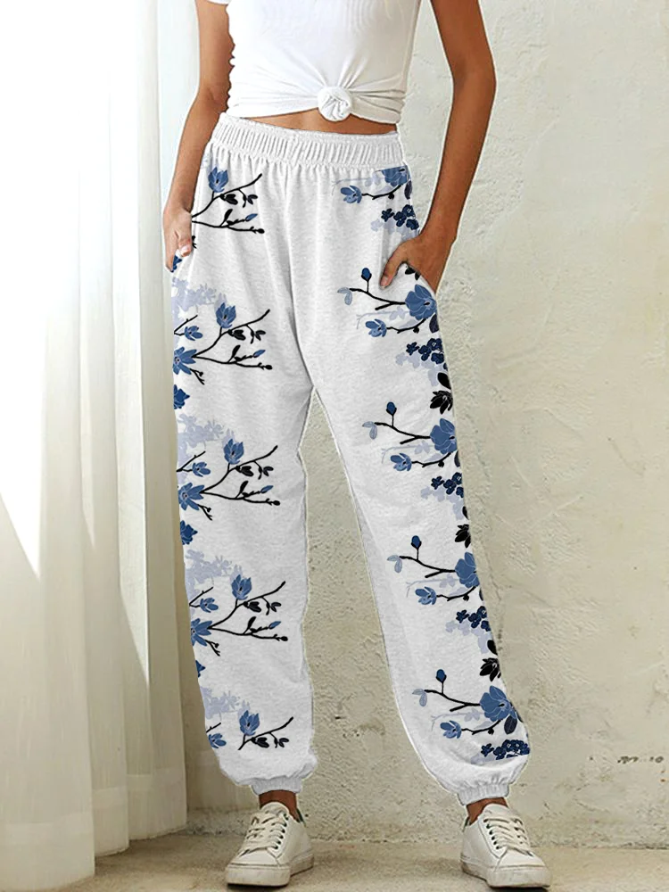 Wearshes Blue Floral Print Casual Cozy Sweatpants