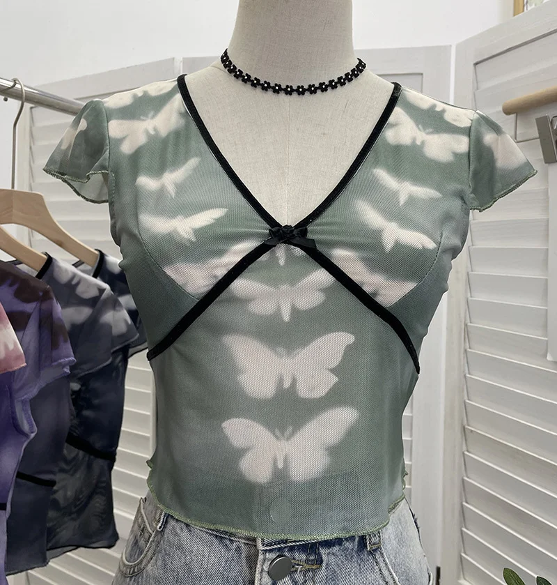 Uveng Sexy Hottie V-Neck Butterfly Print Short-Sleeved T-Shirt Slime Short-Navel Net T-Shirt Girl 9920