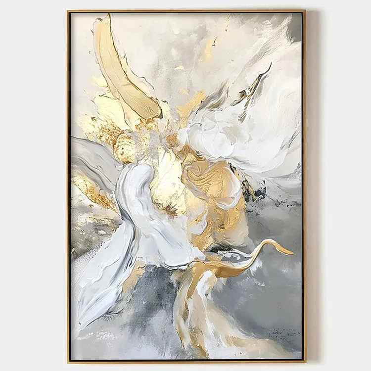 ETHEREAL GOLD: Abstract White, Grey and Gold Oil Painting（Canvas painting）