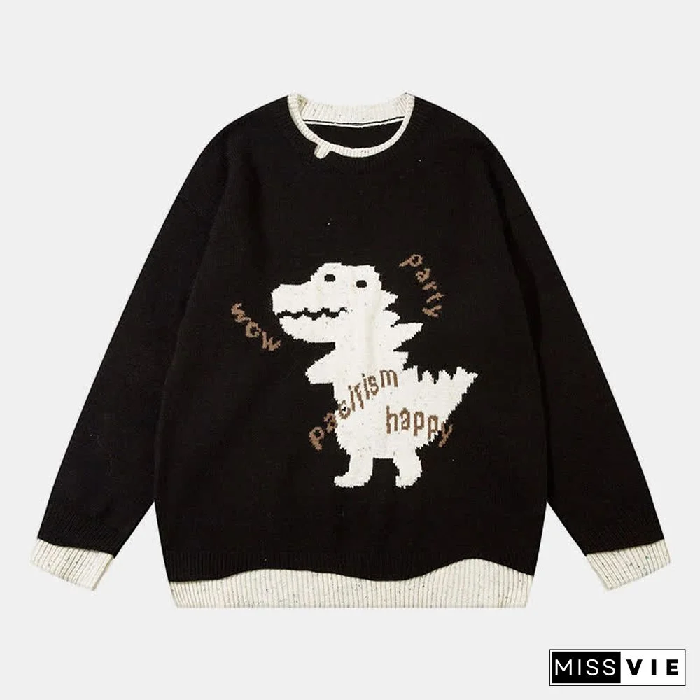 Cartoon Dinosaur Letter Print Colorblock Knit Sweater