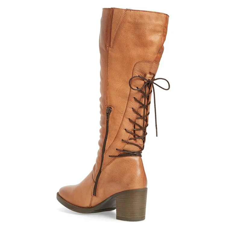 Tan Tall Boots Round Toe Back Lace up Block Heel Vintage Boots |FSJ Shoes