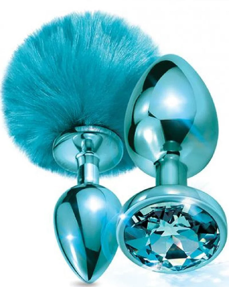 Pornhint Nixie Metal Butt Plug Set With Pom Pom & Jewel - Blue Metallic