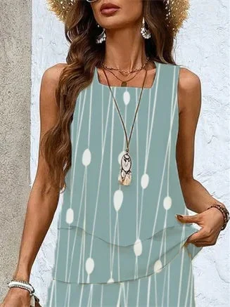 Women's Sleeveless Square Collar Striped Graphic Printed Casual Set