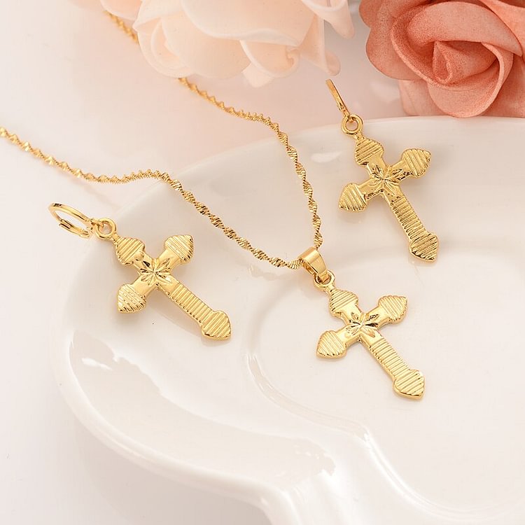 gold bamboo punk cross Pendant Necklace chain Earrings sets