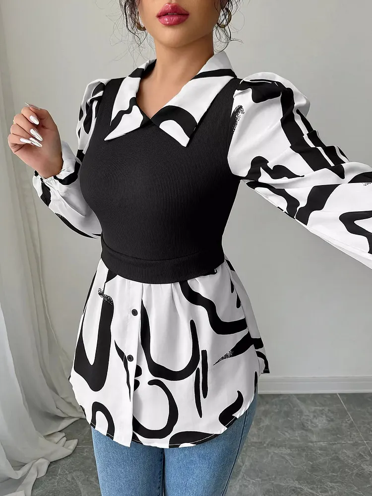 Abstract Print Long Sleeve Blouse