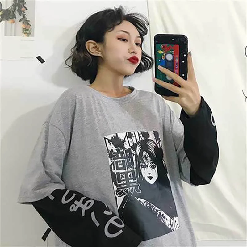 NiceMix Harajuku Streetwear Vintage White T Shirt Women Gothic Tops Kawaii Cartoon Funny Anime Printed Teen Girl Long Sleeve Tee