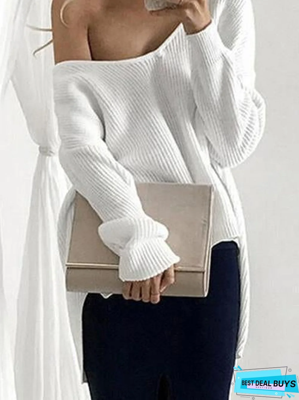 Solid Color Asymmetric V-neck Loose Sweater Tops
