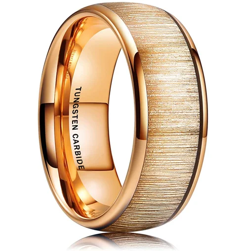 Women Mens Tungsten Matching Gold Rings With Gold Wood Inlay,High Polish Domed Top Carbide Wedding Bands