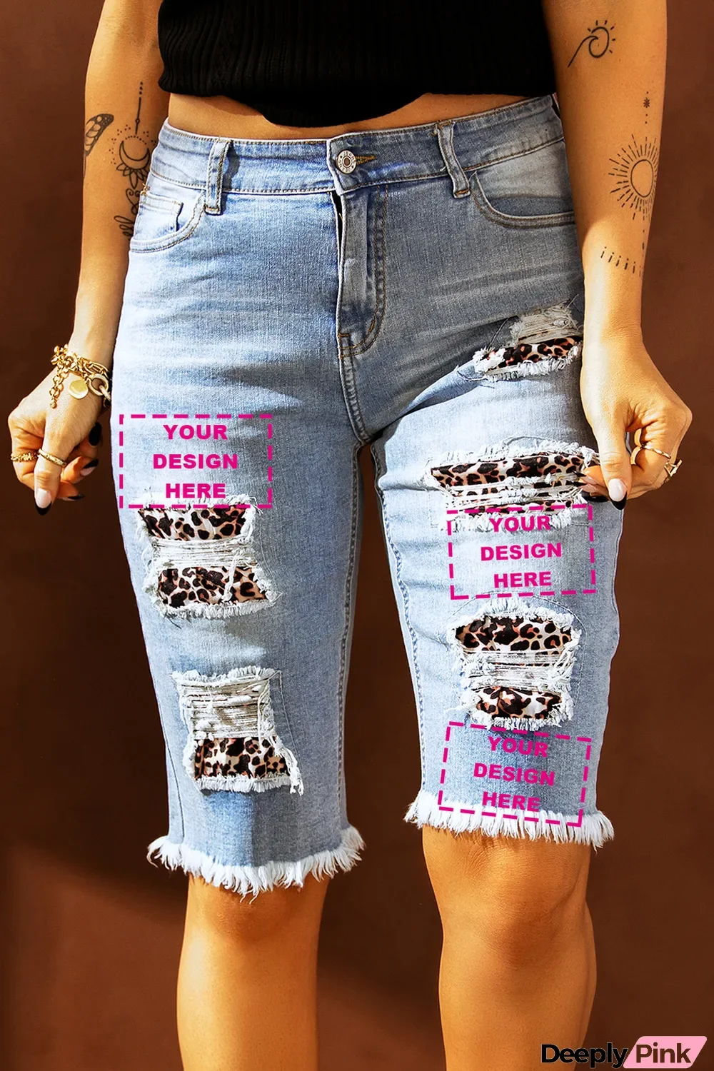 Blank Apparel - Mid-rise Ripped Leopard Patches Denim Bermuda Shorts