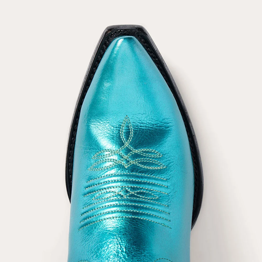 Teal Metallic Finish Chunky Heel Cowgirl Boots with Embroidery