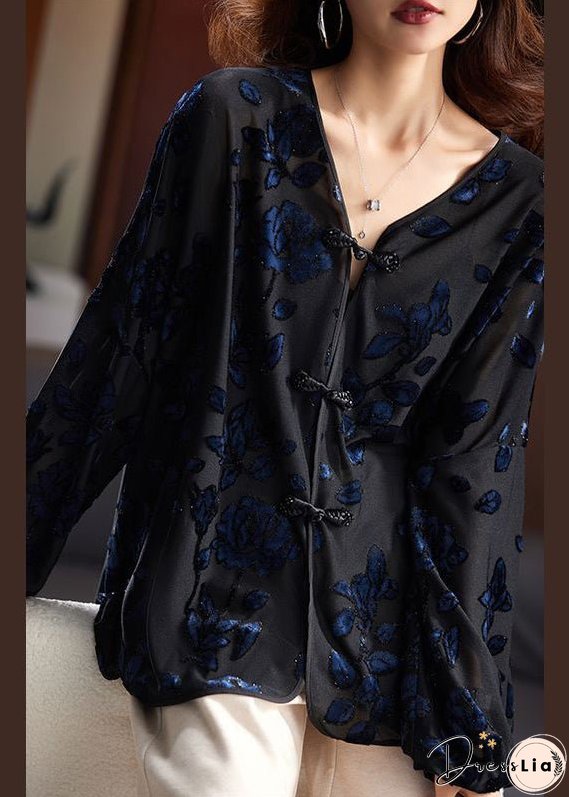 Loose Black V Neck Embroideried Button Velour Top Long Sleeve
