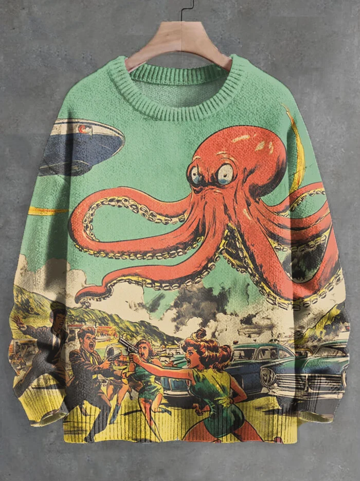 Men's Vintage UFO Octopus Chaos Print Knit Sweatshirt