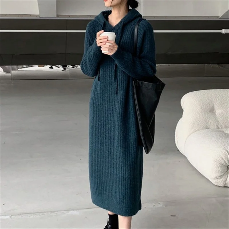 Ueong Autumn And Winter Thickened Hooded Sweater Dress Women's Straight Tube Loose Waist Length Style To Wear Thin Knitted Bottom Sweater