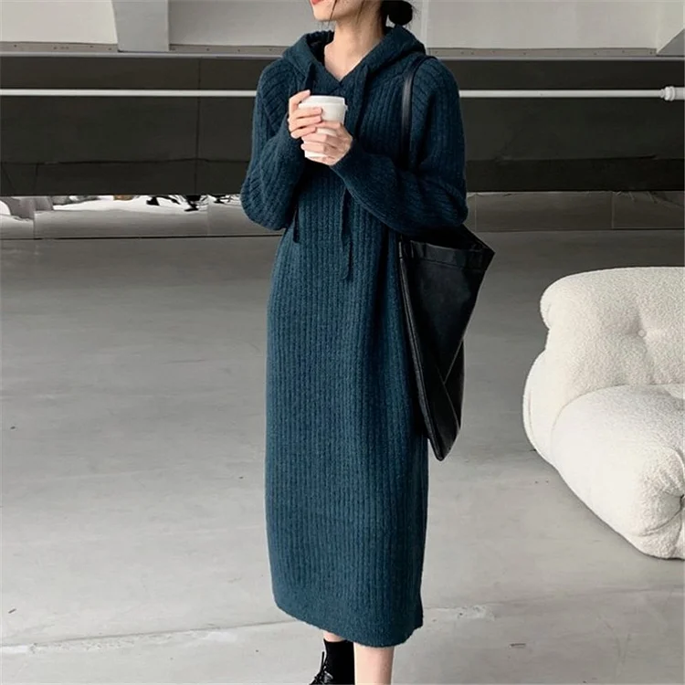 Simple Solid Color Hooded Sweater Dress - yankia