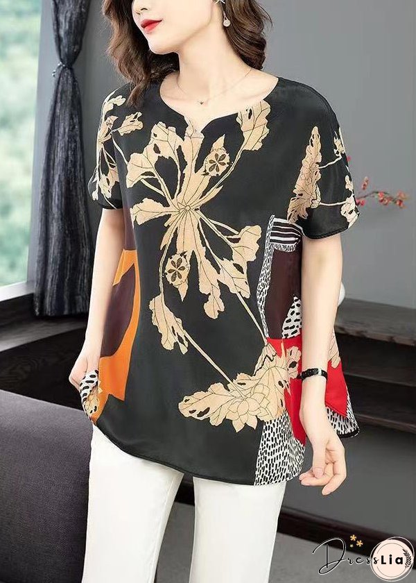 Plus Size Black Print Side Open Patchwork Silk T Shirt Summer