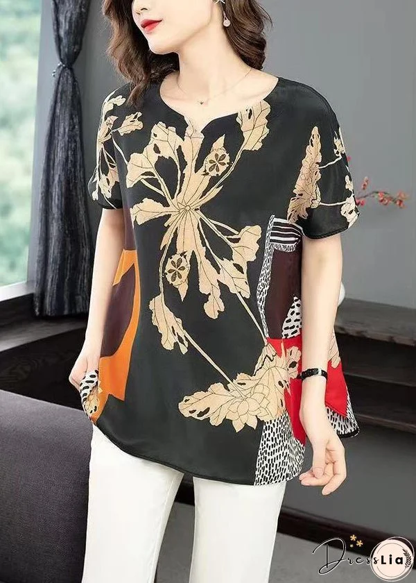 Plus Size Black Print Side Open Patchwork Silk T Shirt Summer