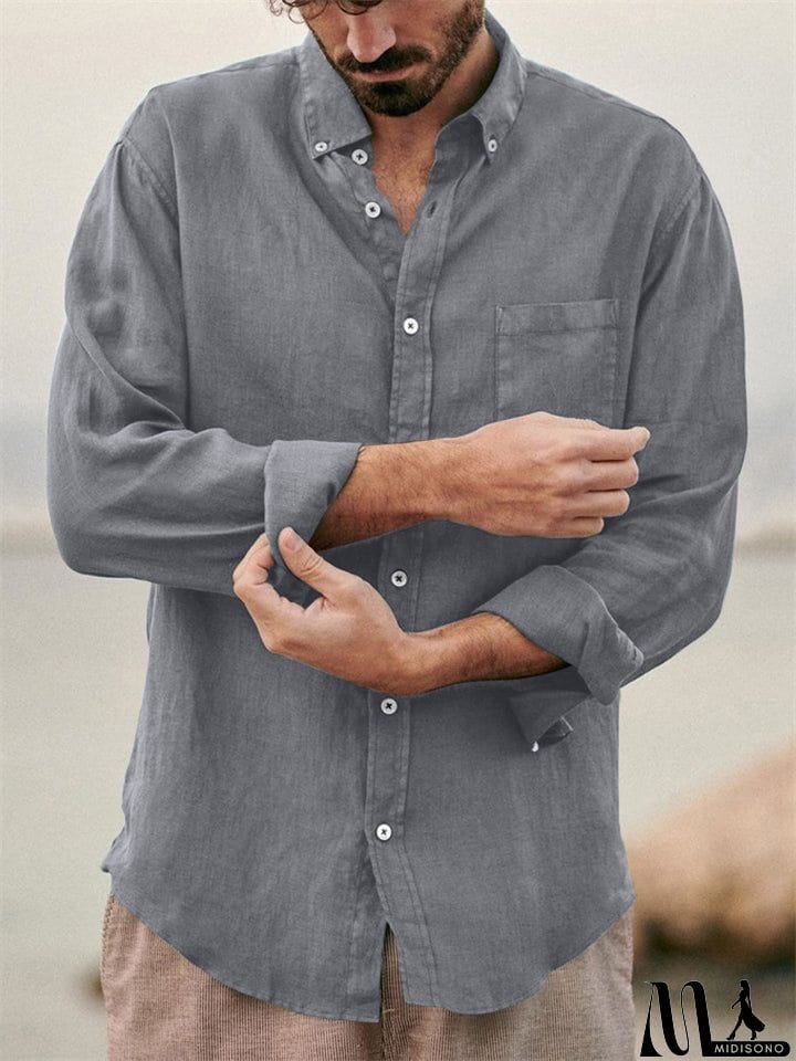 MidiSono - Men's Casual Plain Lapel Button Down Roll Up Sleeve Shirts