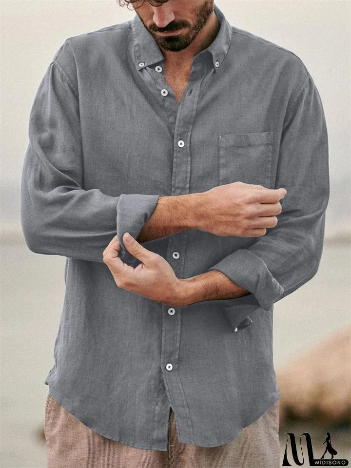 MidiSono - Men's Casual Plain Lapel Button Down Roll Up Sleeve Shirts