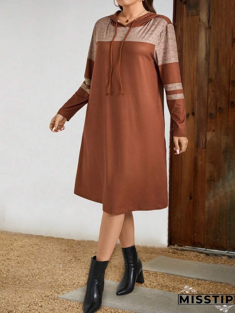 Plus Size Women Colorblock Drawstring Hooded Long Sleeve Casual Dress, Spring Autumn