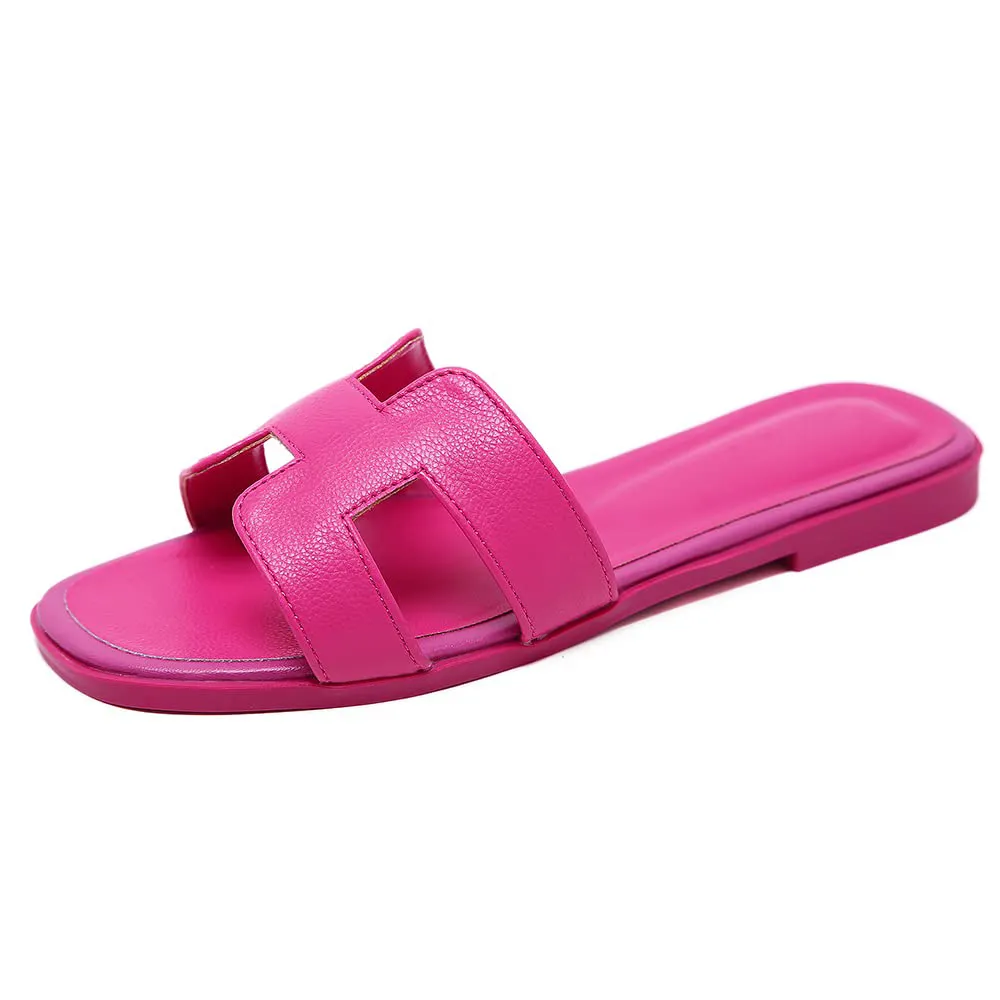 Women's Square Open Toe Summer Casual Flat Litchi Slippers-vocosishoes